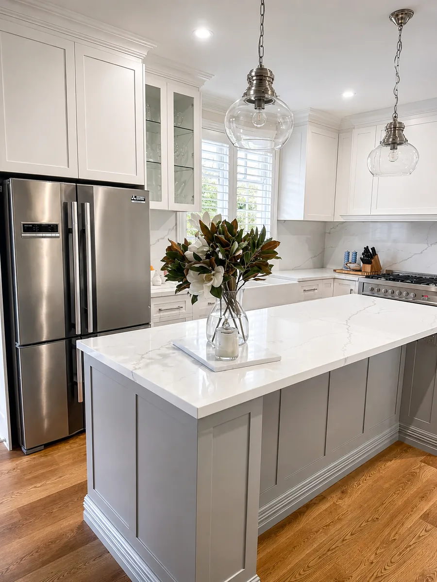 A bright shaker-style kitchen with a grey island bench, marble-look stone benchtops and glass pendant lights