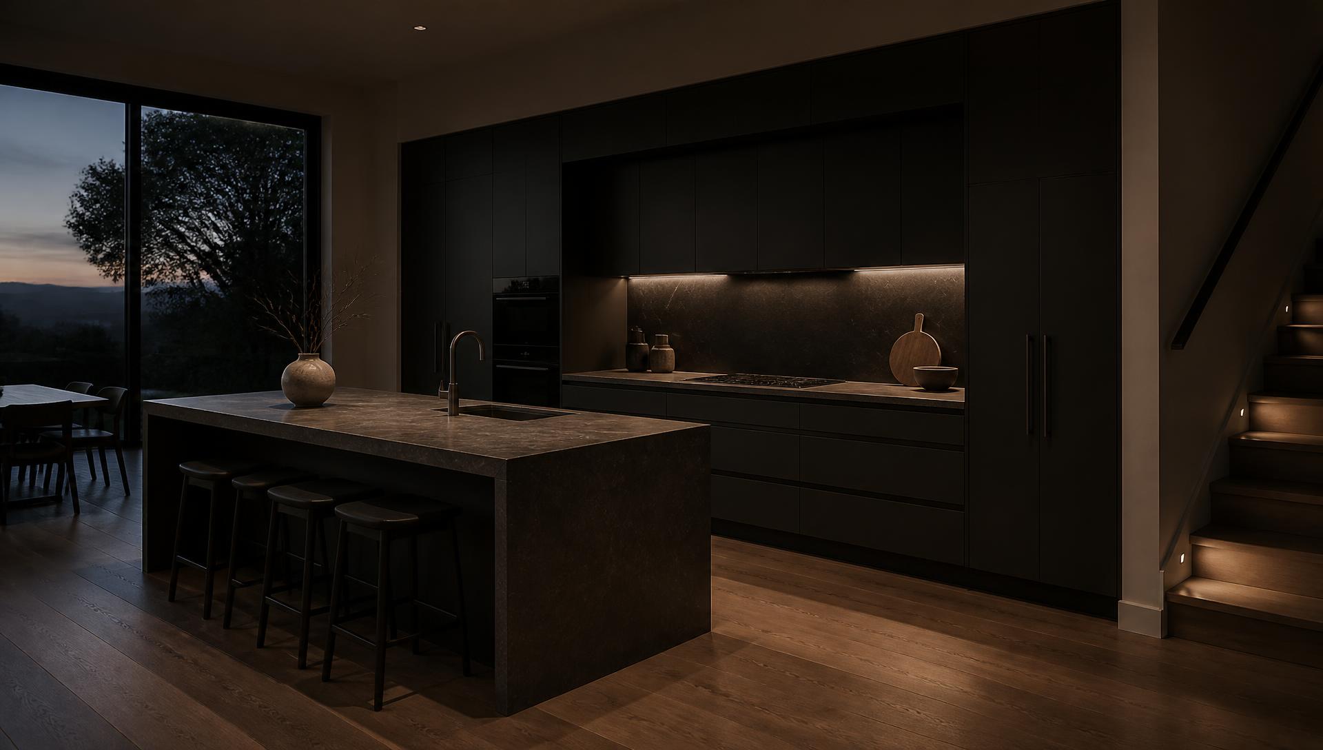 A completed custom kitchen lit warmly at dusk